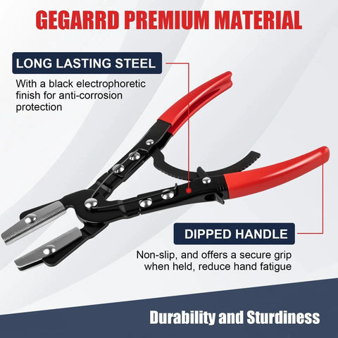 Close-up of Three Piece Ratchet Hose Pinch Off Pliers Set with red handles and black finish, showing durability features.