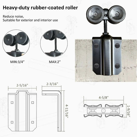 Close-up view of Heavy Duty Exterior Sliding Door Roller Hanger Kit, 2 Pack, 300 Lb Capacity, Nylon Coated Wheels, Adjustable Barn Door Hangers, L Guides.