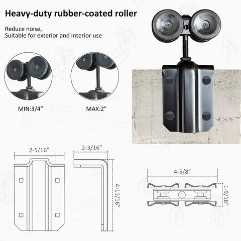 Detailed view of heavy-duty rubber-coated roller from 16Ft Exterior Double Sliding Barn Door Hardware Kit, showing measurements for outdoor use.
