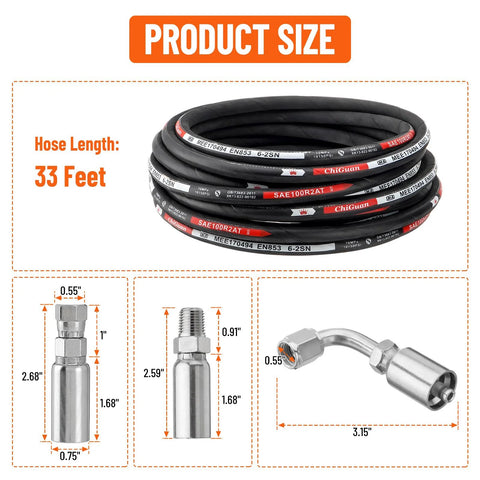 Racewill 33 ft hydraulic hose, 1/4 in, SAE 100 R2AT braided 2-wire with 16 fittings (JIC female, NPTF male), 10150 psi