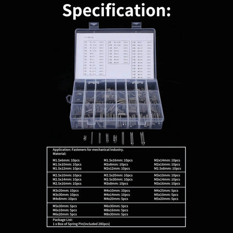 280 Piece 304 Stainless Steel Roll Pin Assortment Kit With Metric Slotted Spring Pins M1.5 To M8 in organizer box