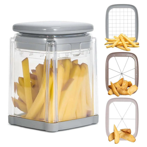 3 In 1 French Fry Cutter And Veggie Dicer For Potatoes Onions Cucumbers Tomatoes Zucchini Carrots And Citrus Fruits With Stainless Steel Blades For Uniform Fries Slices And Dices Fast Badelite showing fries and blade attachments