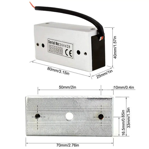 Dimensions and components of the 130Lb Magnetic Door Lock With Remote Control Kit For Drawer Cabinet Cupboard Locker Wardrobe