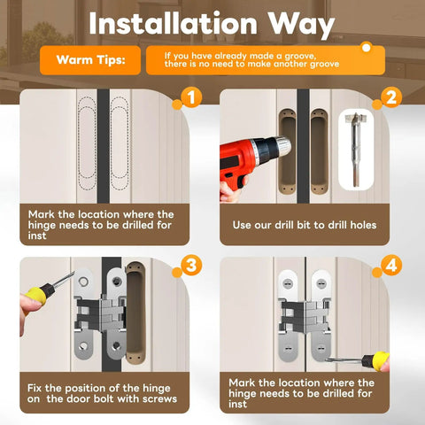 Installation steps for Invisible Cabinet Door Hinges 4 Pack Concealed 180 Degree Hinges on frameless cabinets.