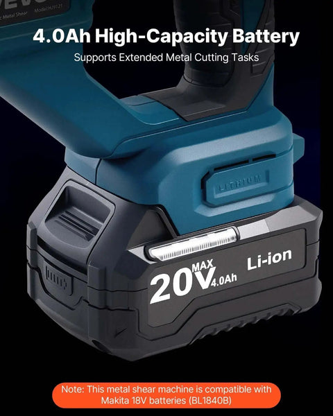 Close-up of high-capacity 4.0Ah battery on cordless sheet metal cutter, showing 20V max Li-ion battery compatible with Makita 18V.