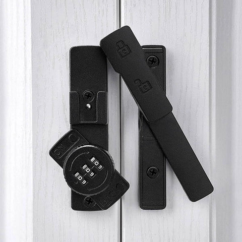 Matte Black 180 Degree Mechanical Password Lock, 3 Digit Keyless Flip Latch installed on a white door, zinc alloy construction