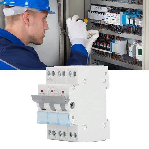 Manual Transfer Switch For 400VAC 63A 3 Pole DIN Rail Mount Isolating Circuit Breaker being installed by technician