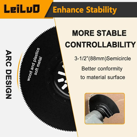 3-1/2 inch semicircle blade from 156 Piece Multitool Blade Kit For Oscillating Tools With Cutting Sanding Scraping Blades Storage Bag Compatible With DeWalt Makita Dremel And More Great For DIYers shown with arc design