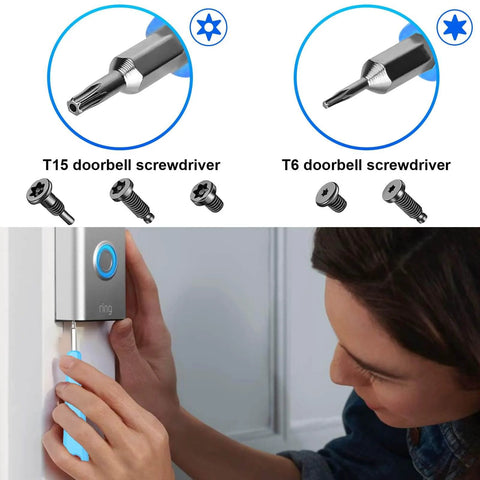 Doorbell Screwdriver Kit With DoubleEnded Torx T6 T15 Bits and screws in use on video doorbell installation.