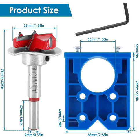 Concealed Hinge Jig for 35mm Hinge Drilling Guide Woodworking with Adjustable Bit and Hex Wrench No Fuss Easy Setup and Precision Hinge Hole Punch Locator shown with hex wrench and jig dimensions.
