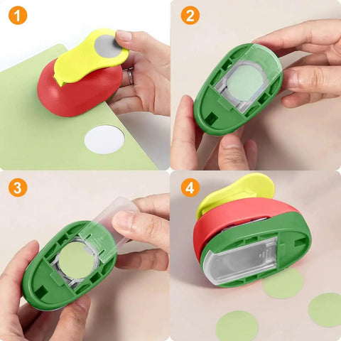 Using the Six Size Circle Punch Set for Paper Crafts with Easy Operation and Color Vibes, showing various circle sizes and operation steps.