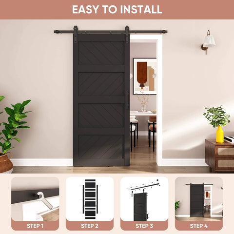36x84 Inches Sliding Barn Door Four Panel Black With Hardware Kit Included Dope Wave Pattern Waterproof Panels And Pre Drilled Holes For Easy Assembly Ideal For Bedroom Bathroom Closet And Laundry Room installed view
