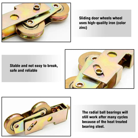 Sliding Door Rollers Replacement Kit For Patio Doors One And A Quarter Inch Tandem Roller Assembly With Five Sixteenth Inch Steel Ball Bearings Durable Construction For Sliding Glass Doors Screen Doors And Gates Two Pack, showing zinc-coated tandem rollers and components.