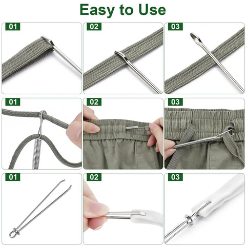 6 Pcs Drawstring Threader Tool Set With 3 Designs For Hoodie Strings Pants Shorts Shoes Sweatpants And Bags Spring Threaders For Easy Lacing And Quick Repairs A Handy DIY Sewing Tool Kit On The Go showing how to use threaders on fabric