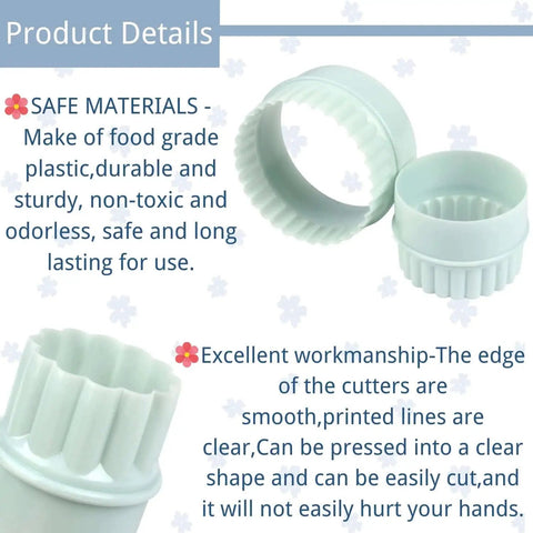 Two Sided Round Cookie Cutter Set For Biscuit Cutting And Fondant Cakes Mold Plastic Cutters With Smooth Edges And Easy Release Pack Of 8 Kid Friendly Durable Crethinkaty, three stacked, white plastic cutters displayed.