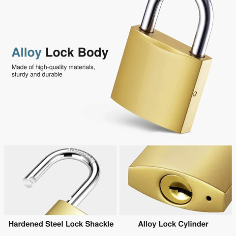 Two Pack Keyed Padlocks Waterproof 33mm Locker Locks With Keys gold padlock showing alloy body and hardened steel shackle.