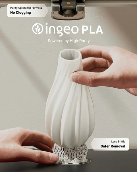 3D printed vase using Matte PLA Plus Filament 1.75mm in a printer, showcasing smooth finish and safety removal process.