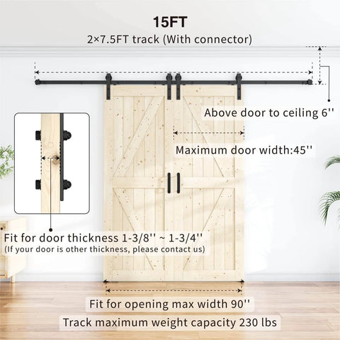 Antique Style 15 Foot Double Sliding Barn Door Hardware Roller Track Kit Black Finish showing door installation setup