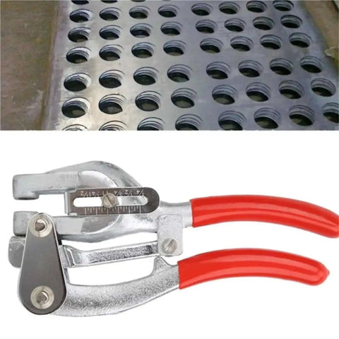 Heavy Duty Hand Held Hole Punch Kit For Sheet Metal From Three Thirty Second Inch To Nine Thirty Second Inch With Wire Strippers shown with punched sheet metal.