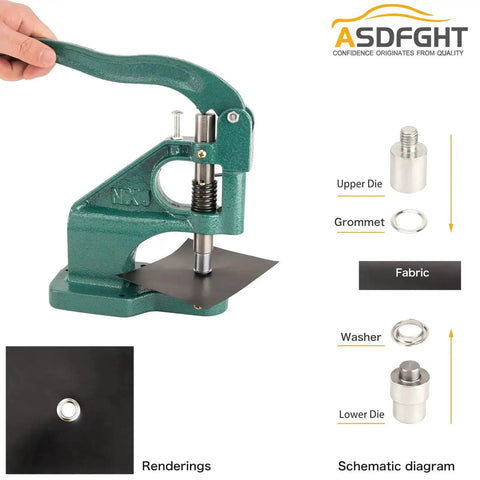Heavy Duty Eyelet Grommet Press Kit With Three Interchangeable Dies And 1500 Silver Grommets in use on fabric with diagram