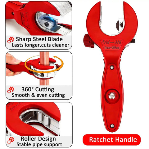 Ratcheting Tubing Cutter For Copper And Metal Pipes Two In One Close Quarters Cutter With Deburring Tool Boxed Set Red Handle