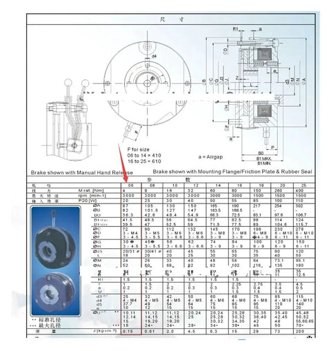 Electromagnetic clutch and brake motor assembly with base L8NH, shown in technical drawing with mounting dimensions.
