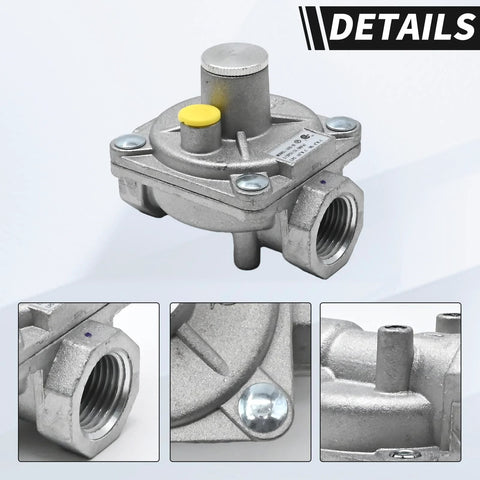 Half Inch Gas Pressure Regulator With Two Brass Half Inch NPT Outlets for NG and LPG shown in close-up details