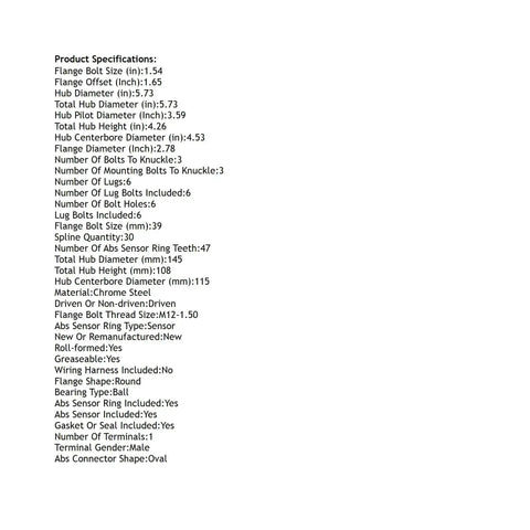 Cadillac SRX Front Wheel Hub Bearing Assembly product specifications detailing key measurements and features.