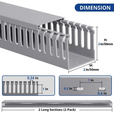 2x2 Inch Cable Management Raceway For Server Racks PVC Duct Kit grey with dual side openings and dimensions illustration