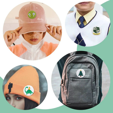 58mm round button badge worn on peach hat; green smiley face design
58mm round button badge pinned to a school sweater; white with crest
58mm round button badge on orange beanie; white background with green dinosaur
58mm round button badge attached to gray backpack; Christmas tree design