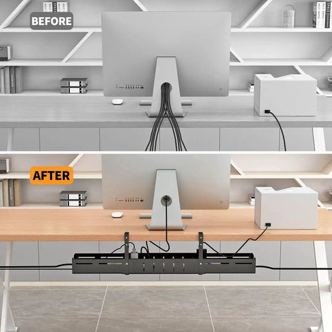 Under Desk Cable Management Tray Extendable from 25.2 to 38.6 inches installed on a desk showcasing improved wire organization.