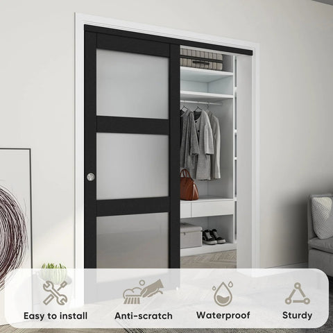60 By 80 Inch Bypass Sliding Closet Door With Frosted Glass Three Lite Panels installed in a room, black frame shown
