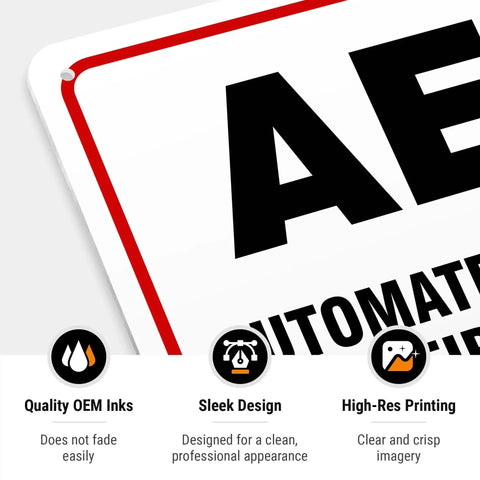 Close-up of AED Sign For Automated External Defibrillator 10 By 14 Inches 55 Mil Thick HDPS with corner detail and quality features