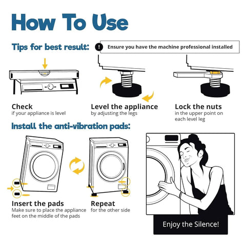 Illustration showing how to install 8-Pack Anti-Vibration Pads under washing machines for noise reduction and machine leveling.