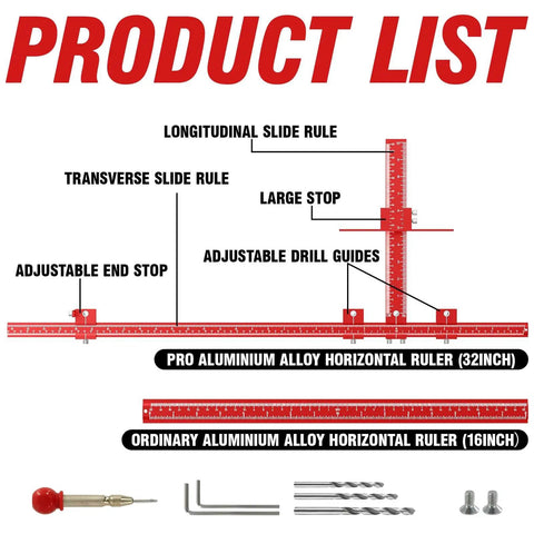 Time Saving Cabinet Hardware Jig Kit With Dual 32 Inch And 16 Inch Sizes Detachable Auto Center Punch Aluminum Cabinet Handle Template Drill Guide Drawer Pull Jig For Easy Knob Or Handle Installations shown with all components labeled, including slide rules, stops, and drill guides.