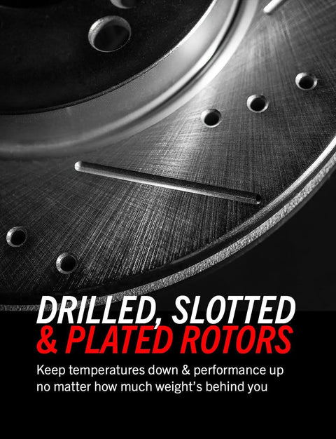 Front brake rotor close-up with drilled and slotted holes in brushed metal finish.