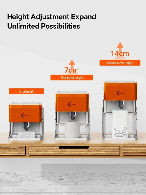Made For Makers Compact 10W Laser Engraver With Built In Camera showcasing height adjustments on a wooden desk