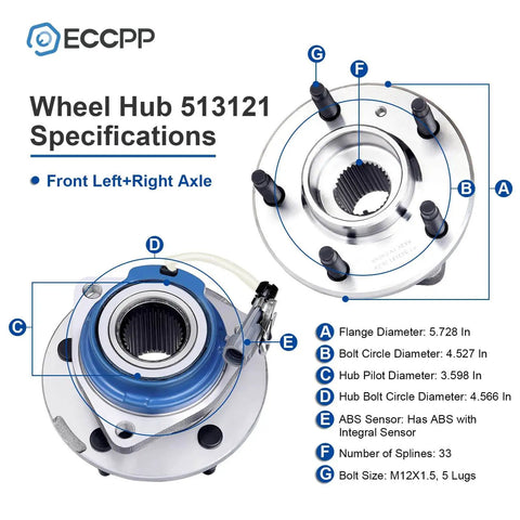 Detailed view of Front/Rear 5-Lug Wheel Hub Bearing Assembly w/ABS for 1997-2010 Buick Cadillac, showing specifications.