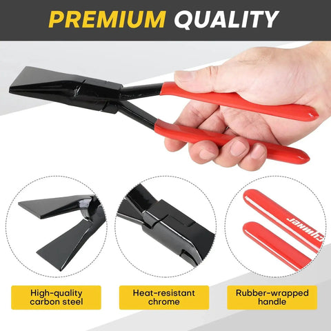 Close-up of 3 Piece Sheet Metal Bending Pliers Set For Roofers And Plumbers With Hand Seamers Includes Straight 45 Degree And 90 Degree Benders Pro Grade Carbon Steel With Heat Resistant Chrome And Comfortable Rubber Grips For All Day Use