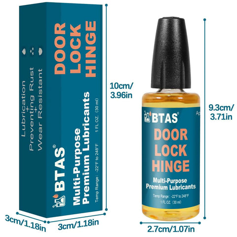 Door Lock And Hinge Lubricant Oil With Needle Oiler For Squeaky Keyholes And Hinges No More Squeaks Easy Quick Fix Long Lasting Lubrication To Stop Noise Prevent Rust Precise Application 1 Oz bottle and box.
