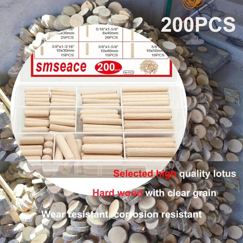 Pro Grade Wooden Dowel Pins Set With Tapered Ends And Beveled Grooves, Nine Size Assortment in Box with Lotus Wood Background