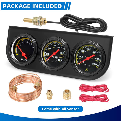 Three-gauge 52mm automotive instrument cluster: oil pressure 0-150 PSI, water temp 100-280°F, voltmeter with sensor kit