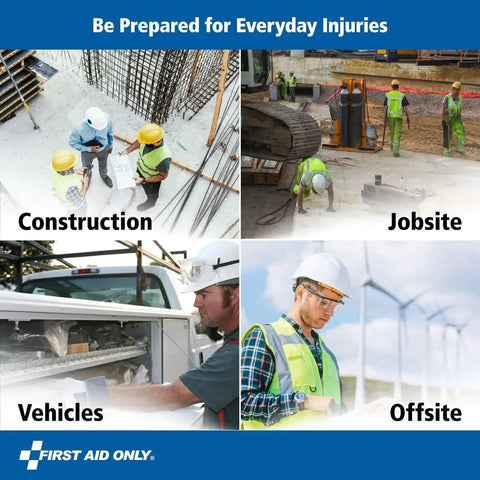 Collage showing construction sites, job sites, vehicles, and offsite locations where a 178-Piece Contractor First Aid Kit is used