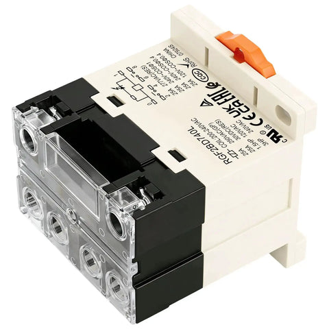 Heavy Duty General Purpose Relay RGF2BD740L 25A 200-240VAC Coil with LED indicator and protection cover on 35mm DIN rail mount.