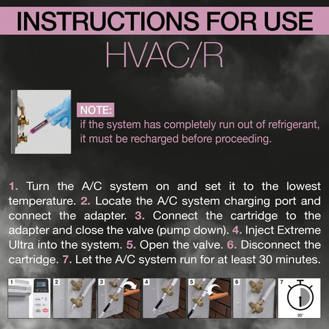 Instruction guide for using 'Extreme Ultra AC Leak Stop For HVAC R Systems Up To 6 Tons Works With All Refrigerants And Lubricants Polymer Free Formula Includes One Quarter SAE And Five Sixteenth SAE Adapters 0.2 Fl Oz Cartridge ERRECOM'.