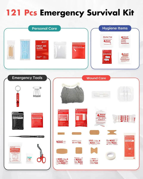 Ultimate 121 Piece First Aid Kit For Car Home And Travel with wound care items and emergency tools displayed by Senvok