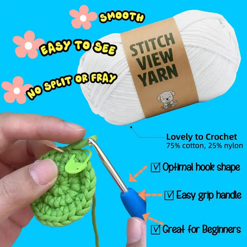 Hand crocheting with green yarn using a blue-handled hook, yarn label 'Stitch View,' part of Beginner Crochet Amigurumi Kit For Puppy With Bow Tie, 5 Inch Starter Set, Video Tutorial Included, All Supplies Included, Easy Learn To Crochet, Great Gift For Women Teens Girls.