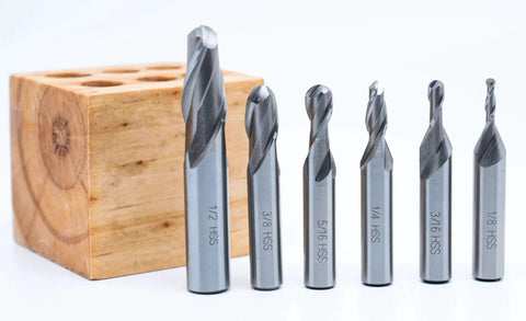 Pro Grade Ball End Mill Set For CNC Machining HSS M2 Two Flute Center Cutting Six Piece With Sizes 1/8 3/16 1/4 5/16 3/8 1/2 Inch Includes Wooden Stand For Makers By LLDSIMEX with wooden stand