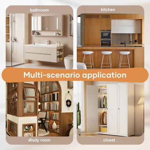 Multi-scenario home application including bathroom, kitchen, study room, and closet with various furniture setups.
