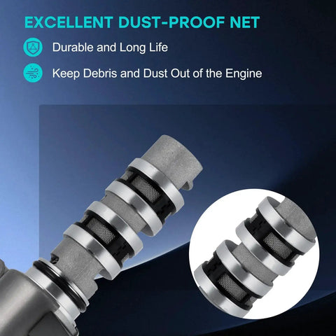 Close-up of 2 Pack VVT Variable Valve Timing Solenoid For 3.5L V6 Engines, showcasing dust-proof net structure and durability.